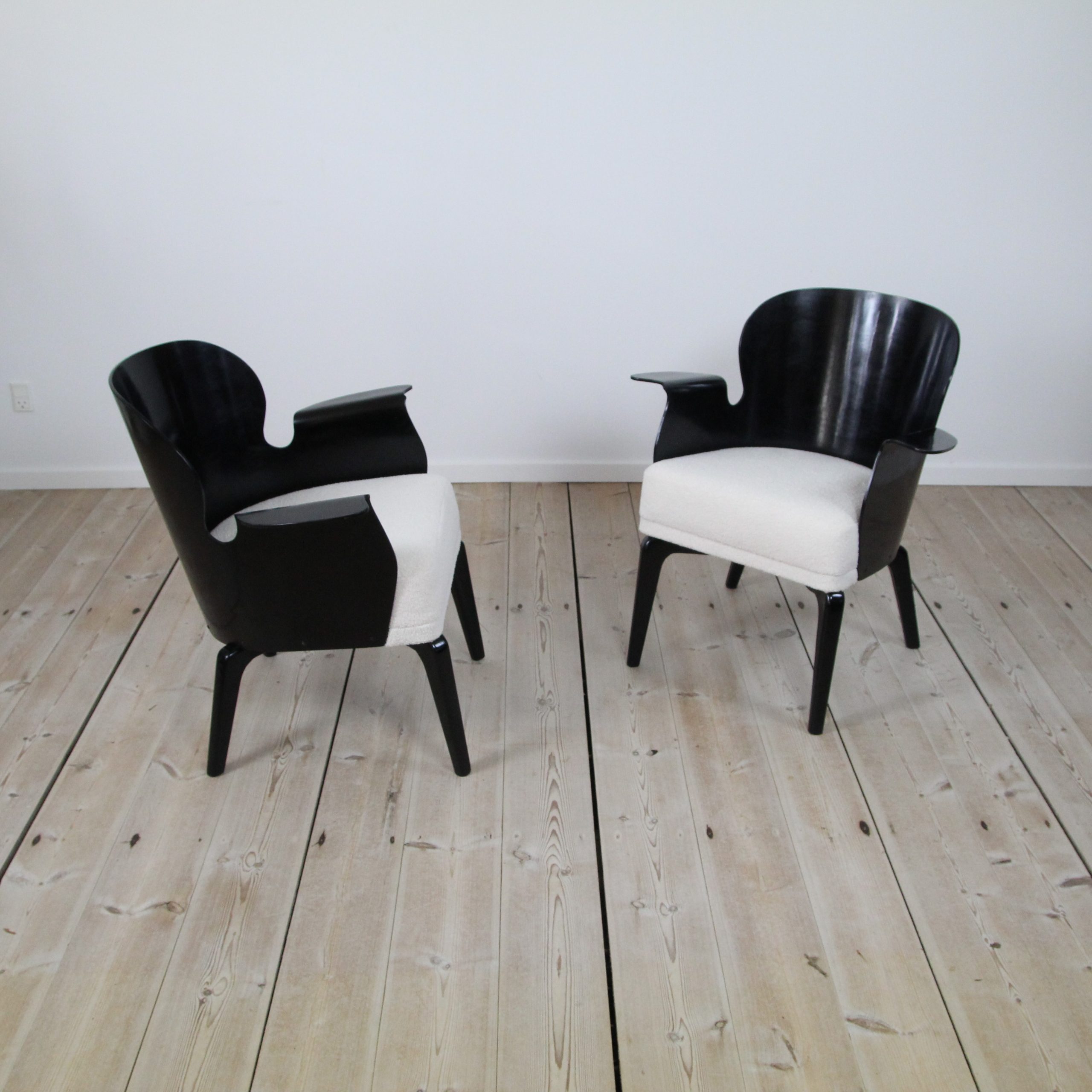 Pair of ebonised Hans Olsen chairs, Danish 1950’s